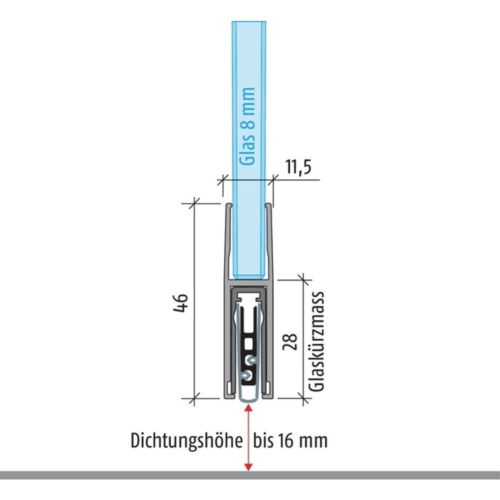 Produktabbildung: PLANET Türdichtung KG-F8 schmal, Aluminium silberfarben eloxiert, 1-seitig Länge 959 mm, Glastüren