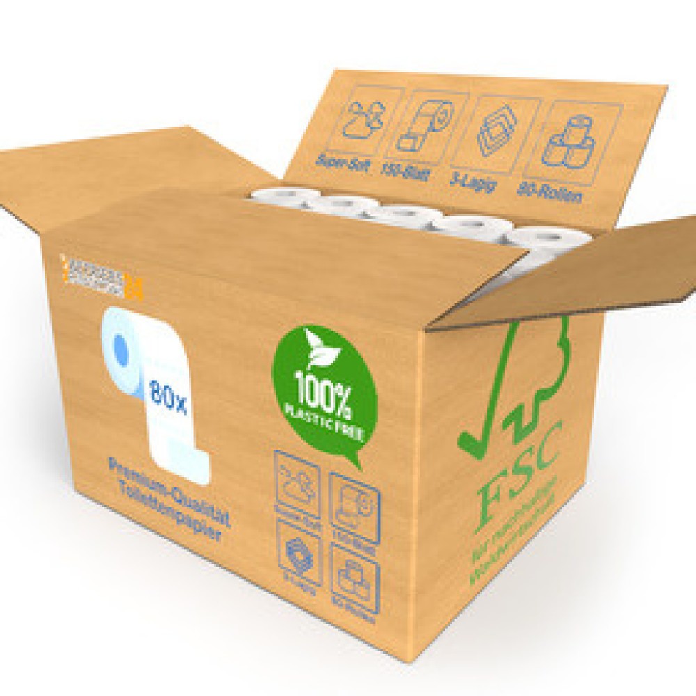 Produktabbildung: Plastikfreies Toilettenpapier Betriebsausstattung24, 3-lagig, 80 Rollen à 150 Blatt