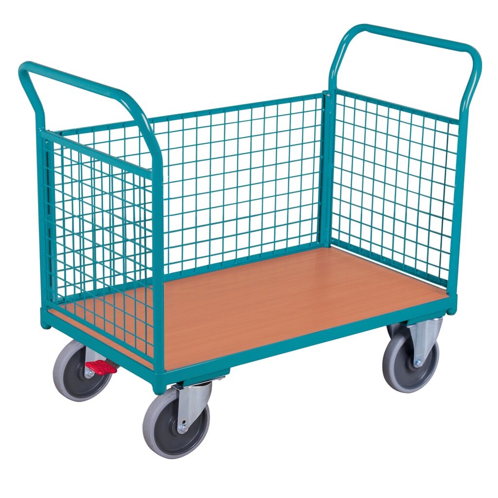 Produktabbildung: Plattformwagen Ameise®, 3-seitig mit Gitterwänden, Ladefläche BxT 676 x 1.000 mm, mit Zentralbremse