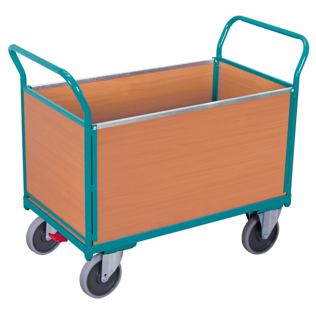 Produktabbildung: Plattformwagen Ameise®, 4-seitig mit Holzwänden, Ladefläche BxT 652 x 1.000 mm, mit Zentralbremse