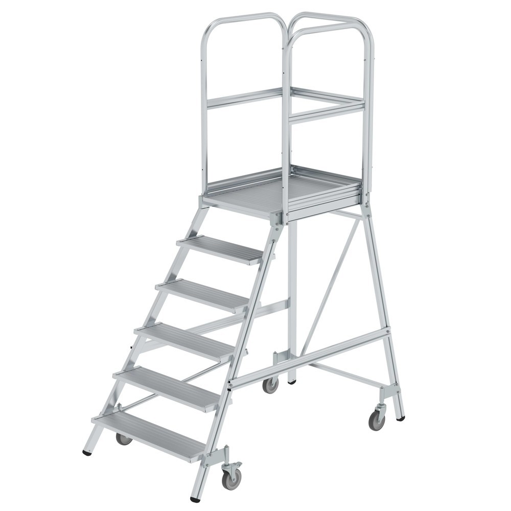 Produktabbildung: Podesttreppe einseitig begehbar mit Federrollen Aluminium geriffelt 6 Stufen