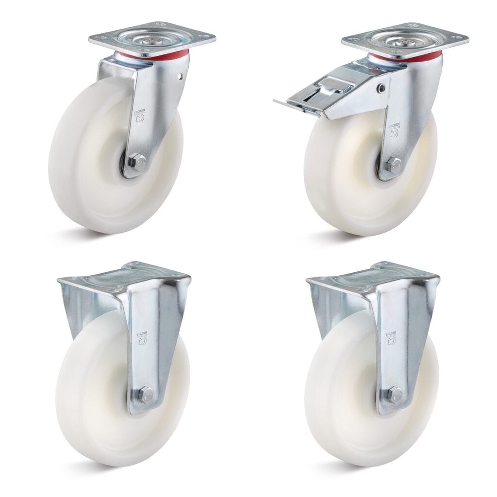 Polyamid Radsatz für RR-Industrietechnik® Kippbehälter, ø175 mm, Lauffläche weiß Produktabbildung: Polyamid Radsatz für RR-Industrietechnik® Kippbehälter, ø175 mm, Lauffläche weiß