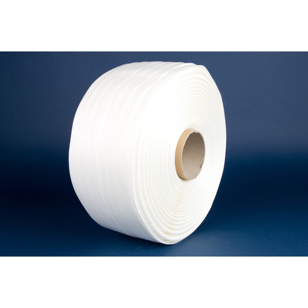 Umreifungsband aus Polyester, Fadenstrukturband Hot Melt, verleimt, 13 mm x 1.100 lfm., Kern-Ø 76 mm, Stärke 0,50 mm, weiß Produktabbildung: Umreifungsband aus Polyester, Fadenstrukturband Hot Melt, verleimt, 13 mm x 1.100 lfm., Kern-Ø 76 mm, Stärke 0,50 mm, weiß