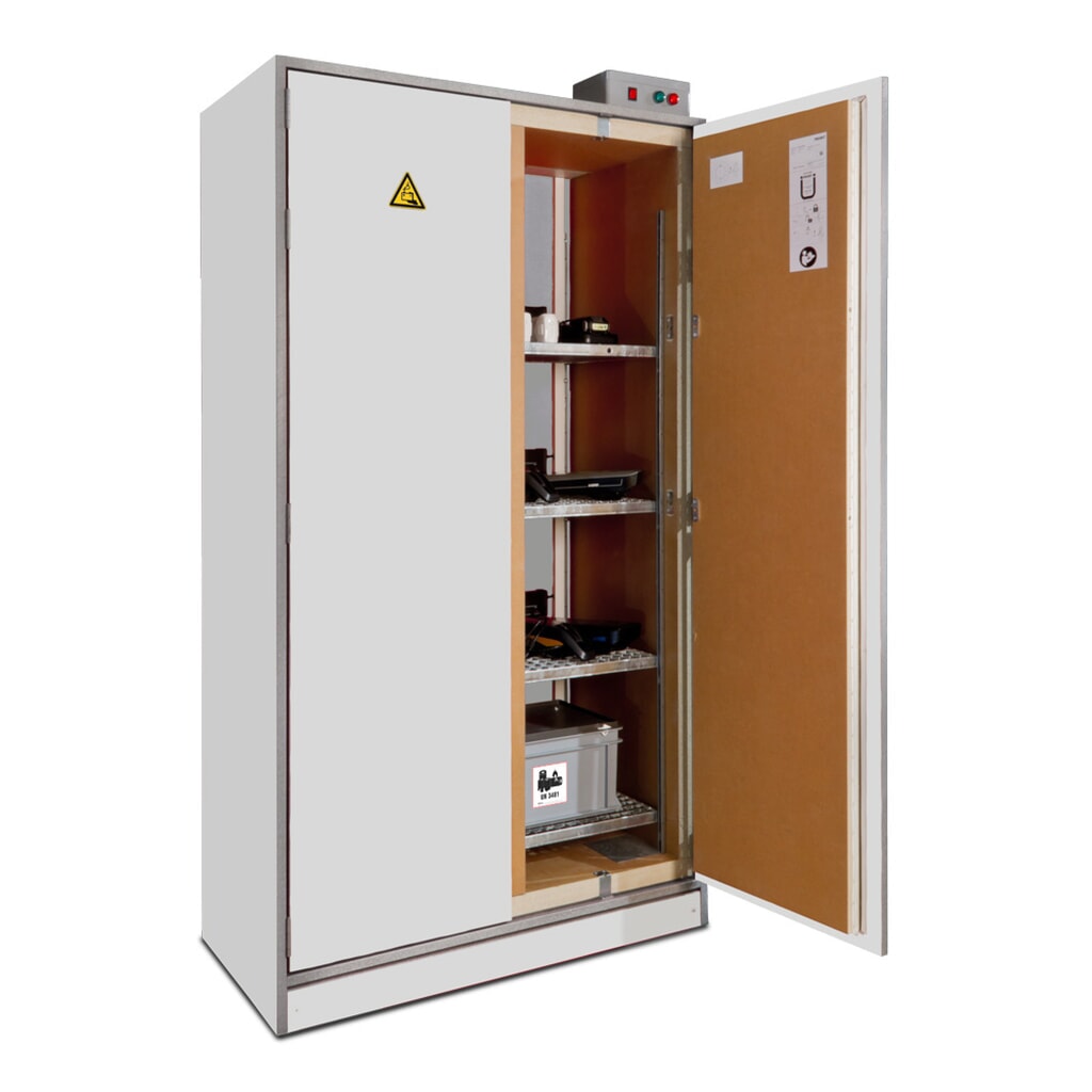 Produktabbildung: PRIORIT Akku-Sicherheitsschrank für Lithium-Ionen Batterien PRIOCAB-Li EI90, 4 Lagerebenen, Belüftungssystem, 1x 10 Steckdosen