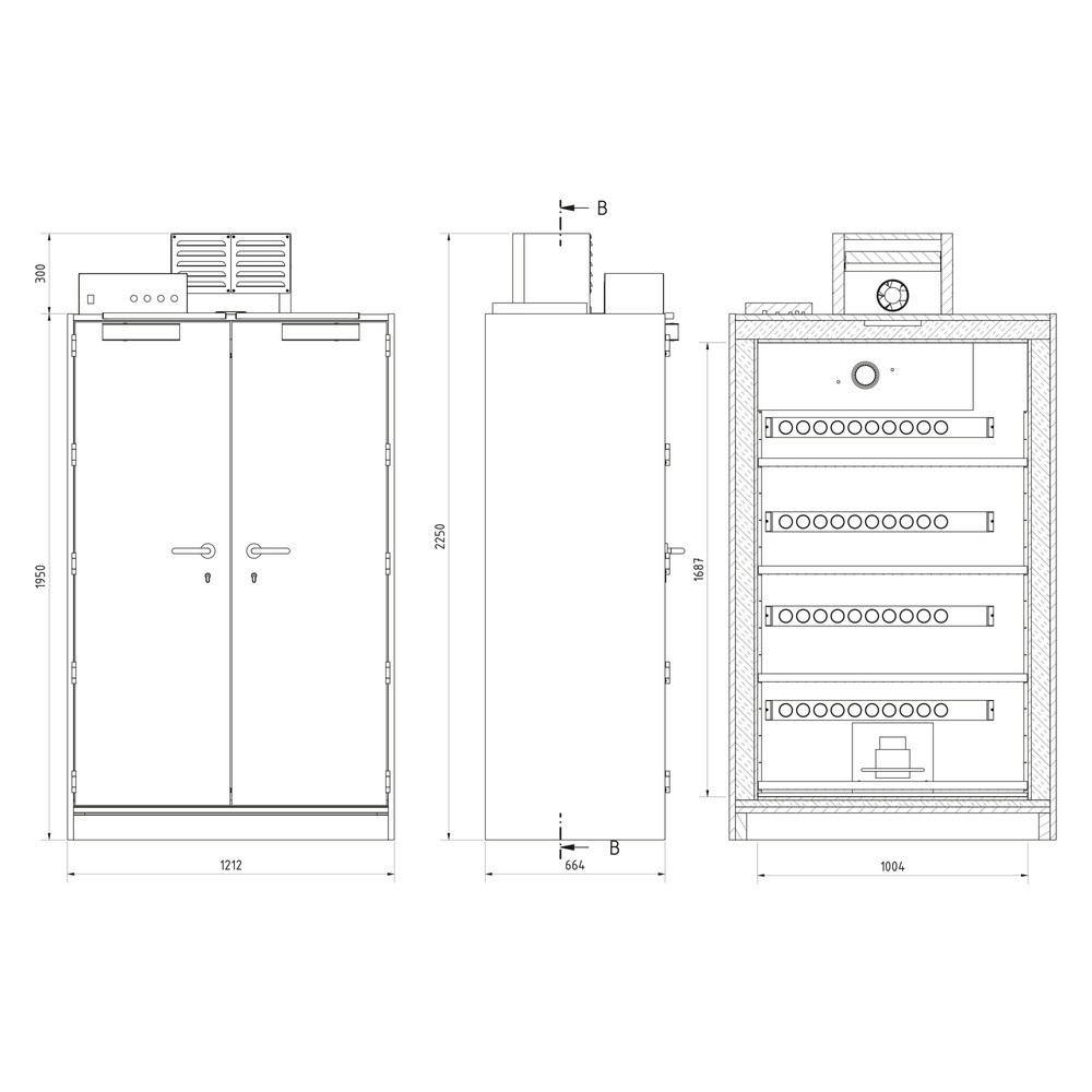Produktabbildung Nr. 2: PRIORIT Sicherheitsschrank PRIOLIN für Lithium-Ionen-Akkus, 4 Gitterrostböden, Bodenwanne, Steuereinheit 400 V / AC, 2x 10 Steckdosen