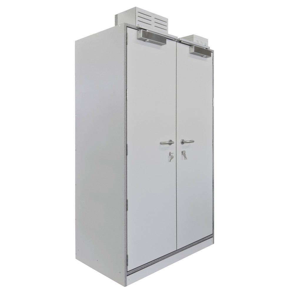 Produktabbildung: PRIORIT Sicherheitsschrank PRIOLIN für Lithium-Ionen-Akkus, 4 Gitterrostböden, Bodenwanne, Steuereinheit 400 V / AC, 2x 10 Steckdosen