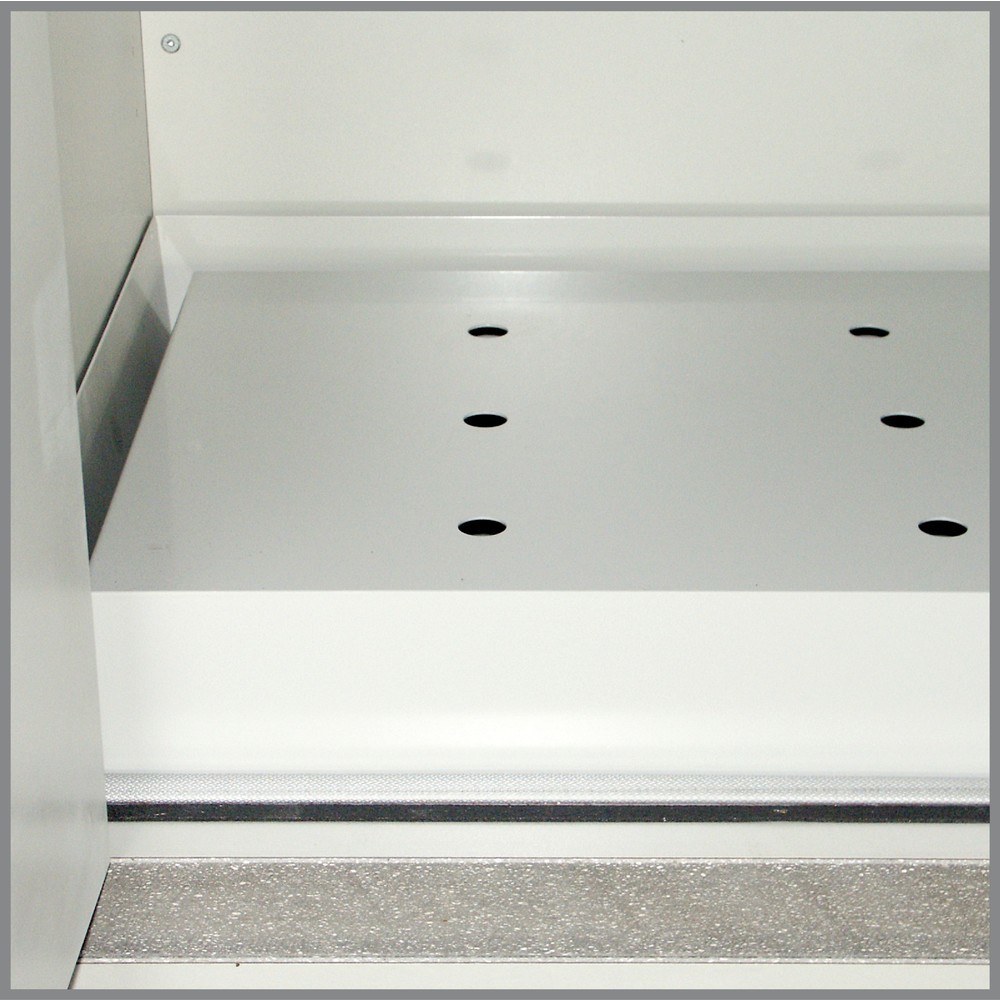 Produktabbildung: Bodenwanne mit Lochblecheinsatz für PRIORIT Sicherheitsschrank Typ 90, Edelstahl, BxT 513 x 472 mm