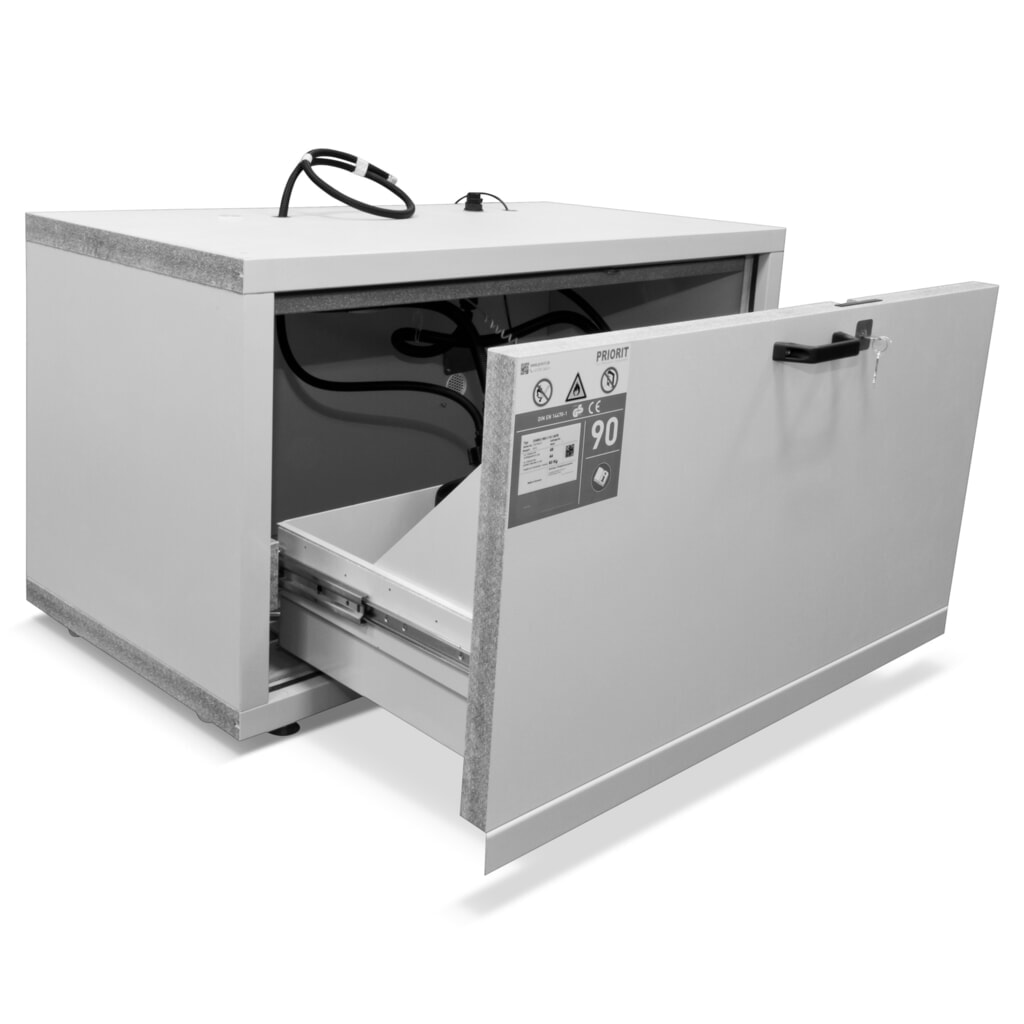 Produktabbildung: PRIORIT Untertisch-Brandschutzschrank, Feuerwiderstand 90 Min., HxBxT 630 x 592 x 570 mm, 1 Vollauszug