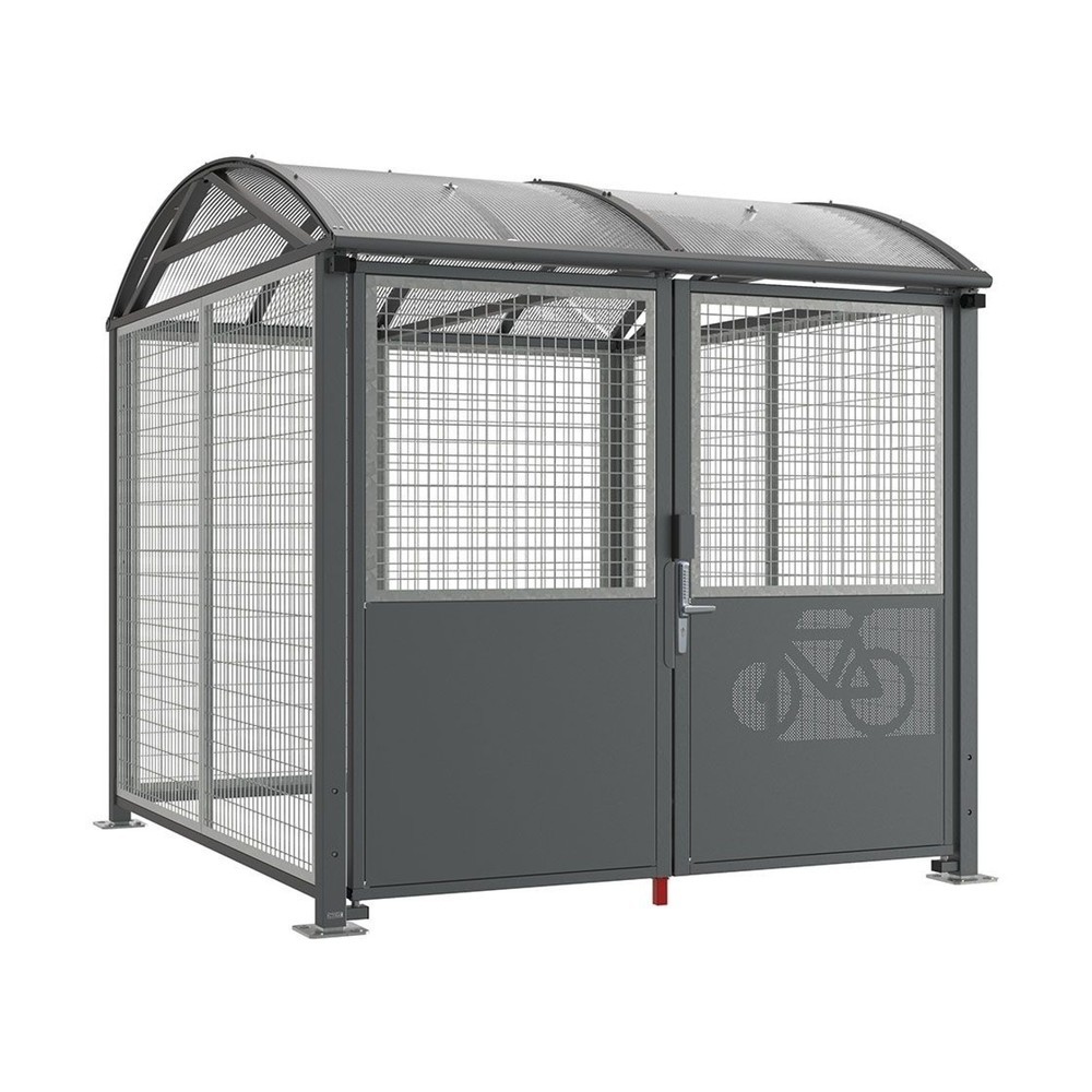 Produktabbildung: PROCITY® Fahrradunterstand L, Grundmodell, mit Verkleidungen und Tür mit Zahlencode, Stahlgitter feuerverzinkt, anthrazit