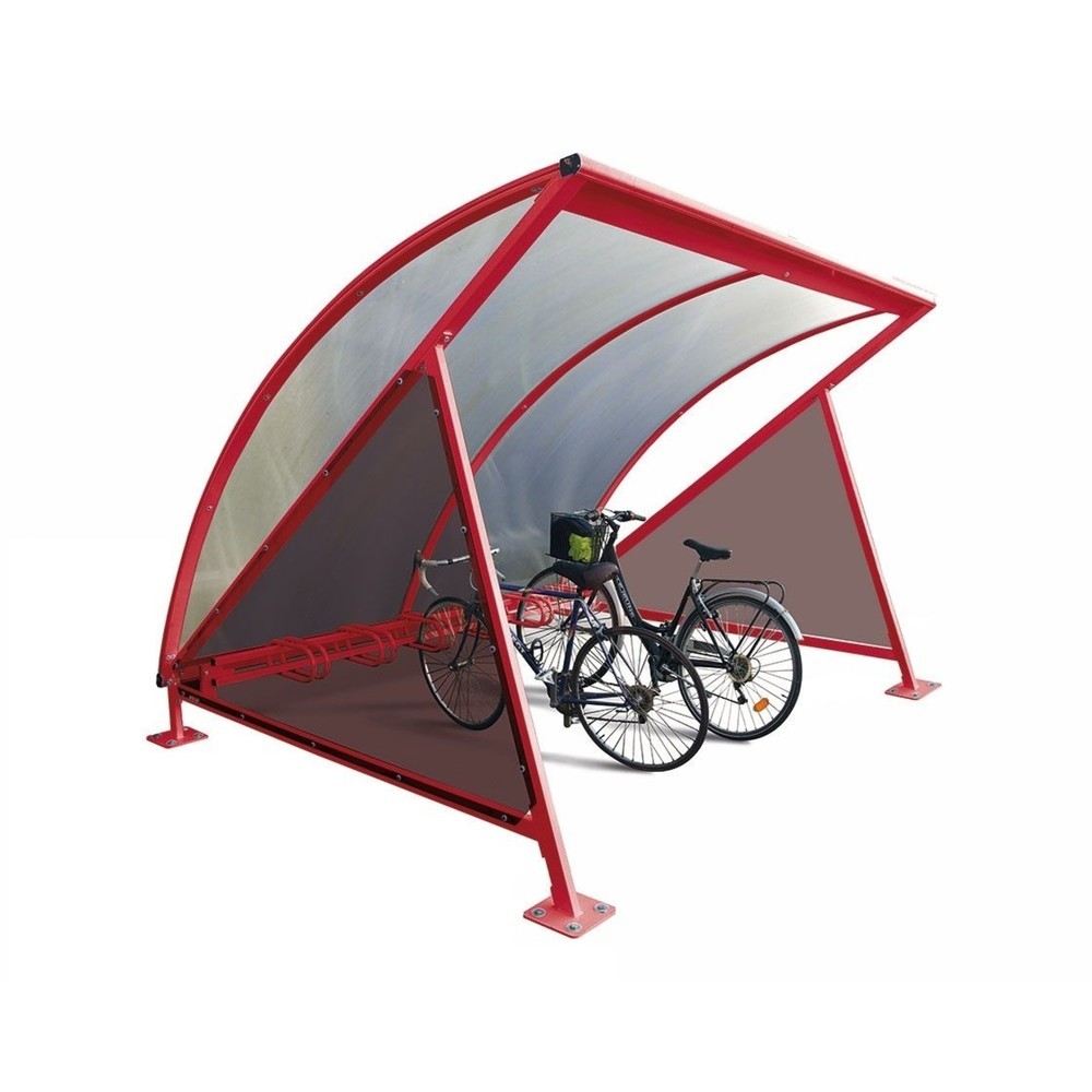 Produktabbildung: PROCITY® Halbmond-Überdachung, Grundmodell, mit getönten Verkleidungen, Fahrradständer 6 Plätze, purpurrot