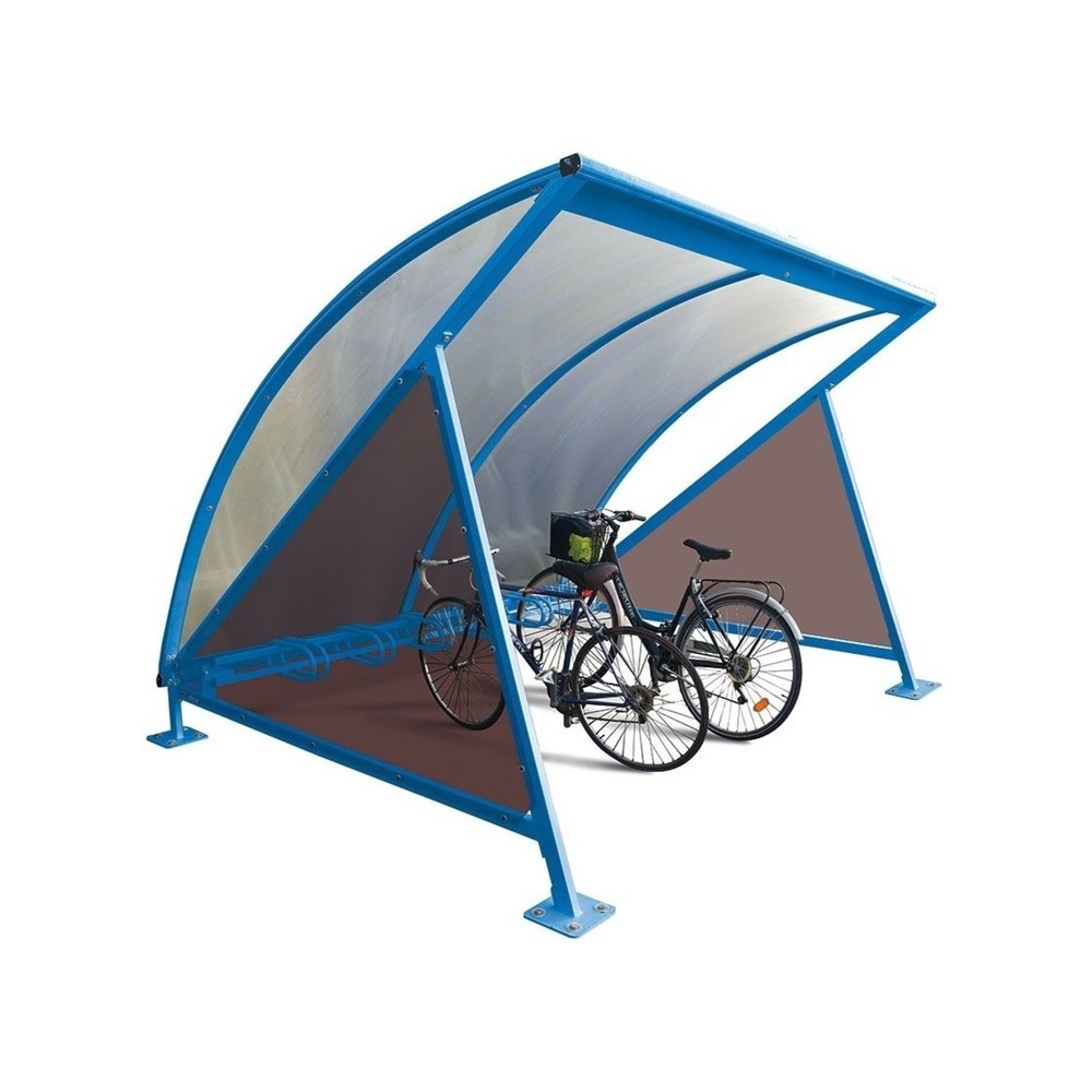Produktabbildung: PROCITY® Halbmond-Überdachung, Grundmodell, mit getönten Verkleidungen, Fahrradständer 6 Plätze, blau