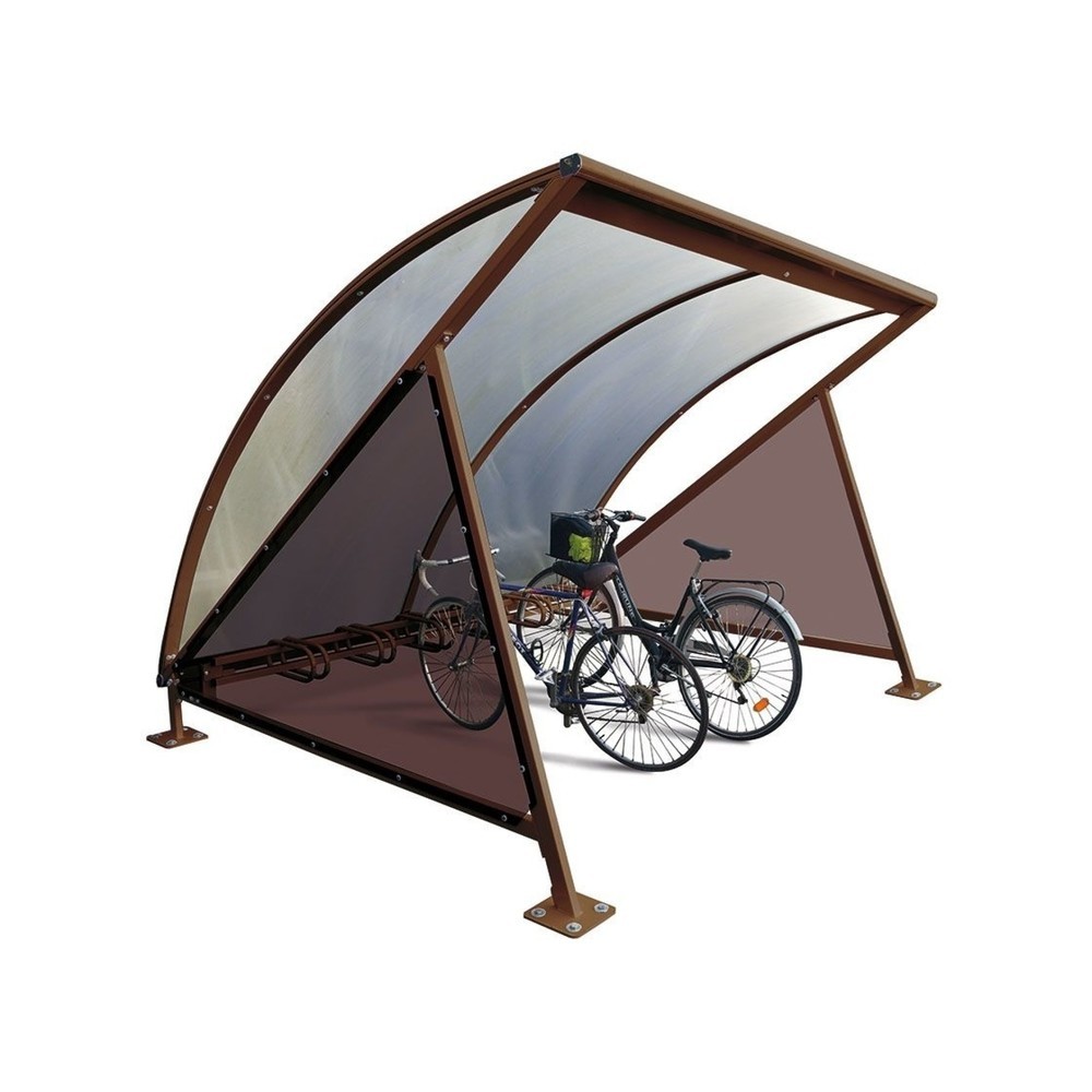 Produktabbildung: PROCITY® Halbmond-Überdachung, Grundmodell, mit getönten Verkleidungen, Fahrradständer 6 Plätze, braun