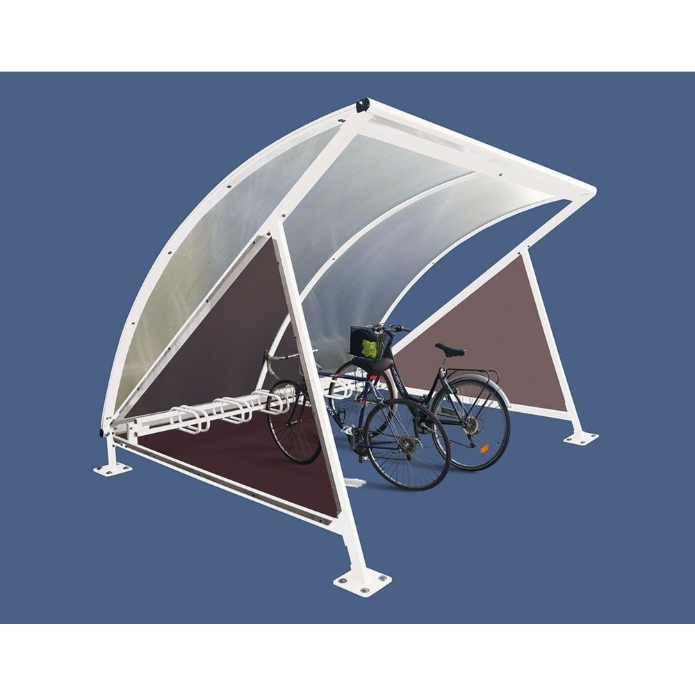 Produktabbildung: PROCITY® Halbmond-Überdachung, Grundmodell, mit getönten Verkleidungen, Fahrradständer 6 Plätze, weiß