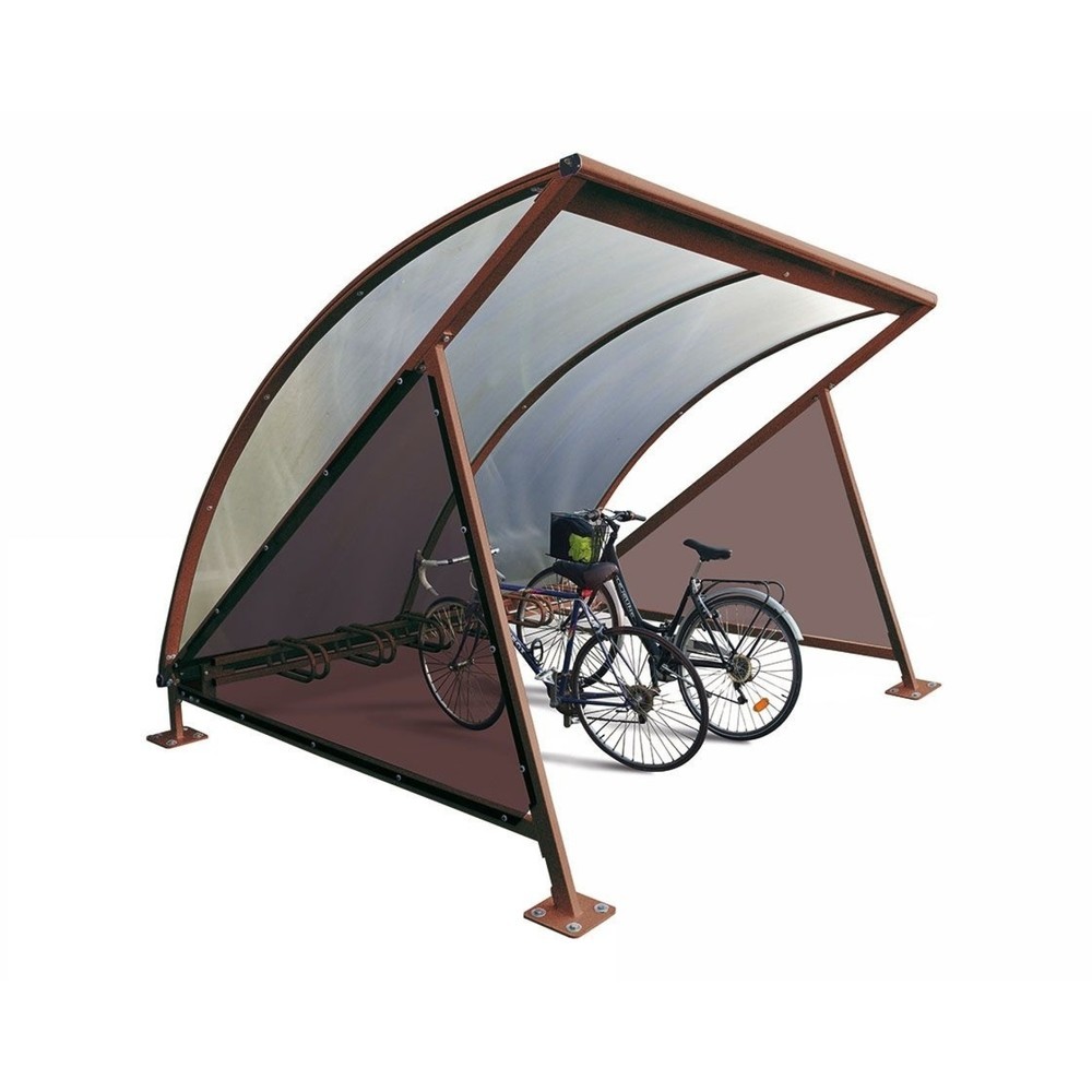 Produktabbildung: PROCITY® Halbmond-Überdachung, Grundmodell, mit getönten Verkleidungen, Fahrradständer 6 Plätze, Rost Corten Effekt