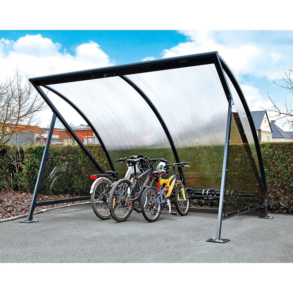 Produktabbildung Nr. 6: PROCITY® Halbmond-Überdachung, Anbaueinheit, mit getönten Verkleidungen, Fahrradständer 6 Plätze, anthrazit
