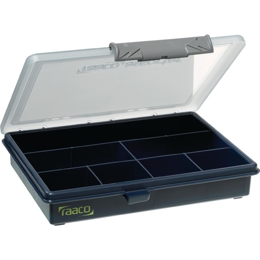 Produktabbildung: raaco Sortimentskasten, 7 Fächer, B175xT143xH32mm, transparent dunkelblau