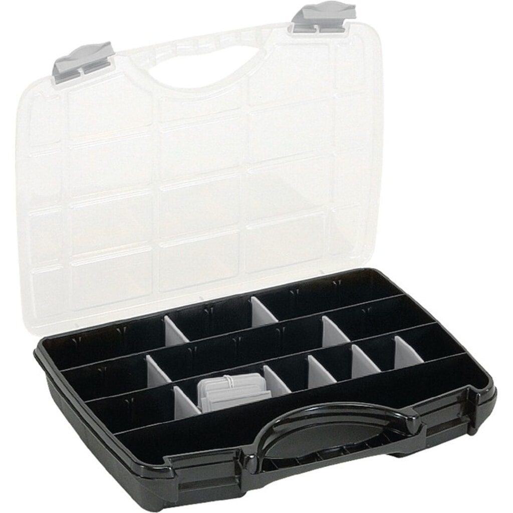 raaco Sortimentskasten, max. 25 Fächer 21 lose Trennwände, B312xT238xH51mm, transparent schwarz Produktabbildung: raaco Sortimentskasten, max. 25 Fächer 21 lose Trennwände, B312xT238xH51mm, transparent schwarz