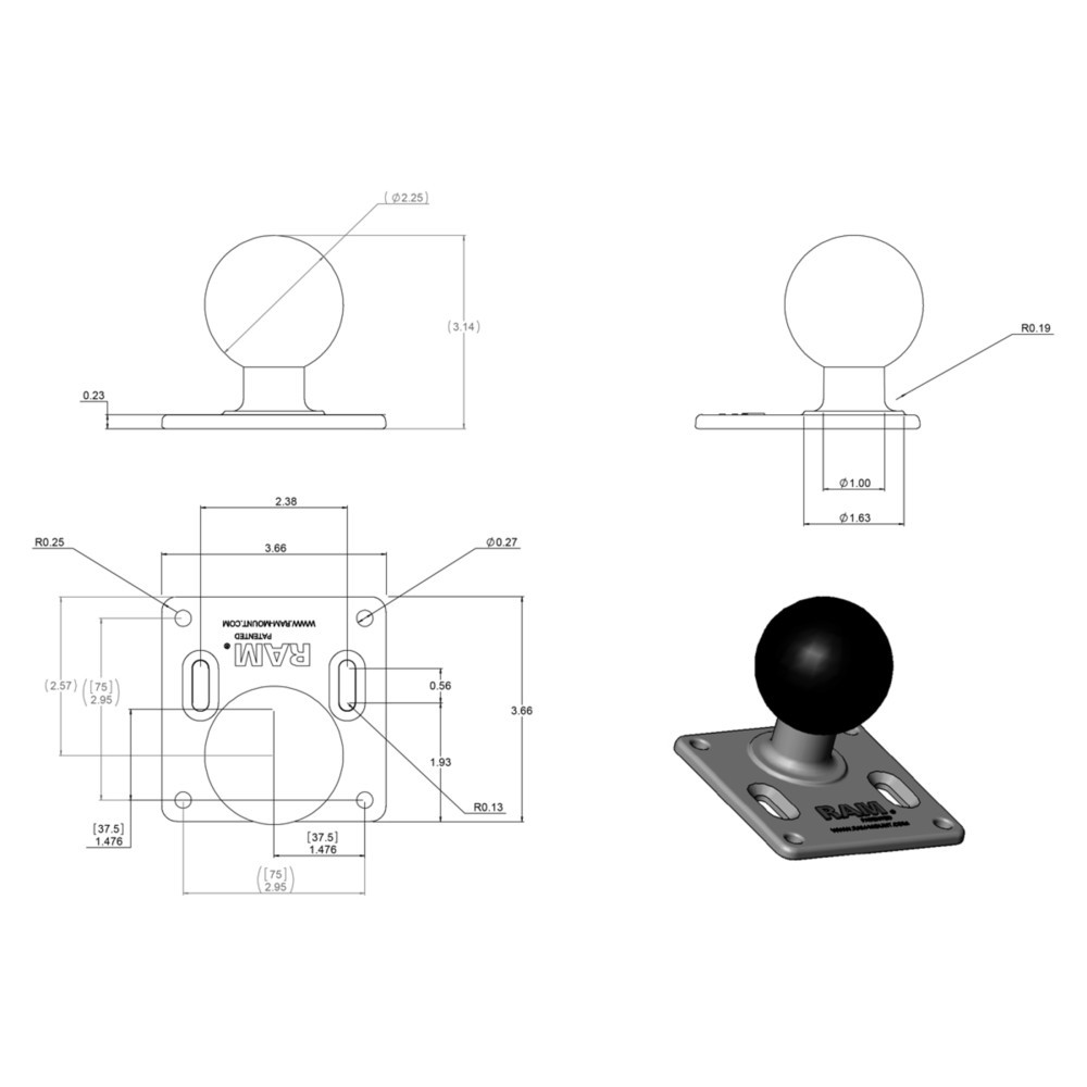 Produktabbildung Nr. 2: RAM Mounts VESA-Platte (3,625 x 3,625 Zoll), 75 x 75 mm Lochraster, D-Kugel (2,25 Zoll), im Polybeutel