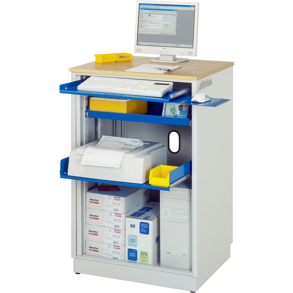 RAU Computer-Stationen, HxBxT 1.100 x 720 x 660 mm, Buche Dekor Arbeitsplatte, mit Rolladen, Steckdosenleiste Produktabbildung: RAU Computer-Stationen, HxBxT 1.100 x 720 x 660 mm, Buche Dekor Arbeitsplatte, mit Rolladen, Steckdosenleiste