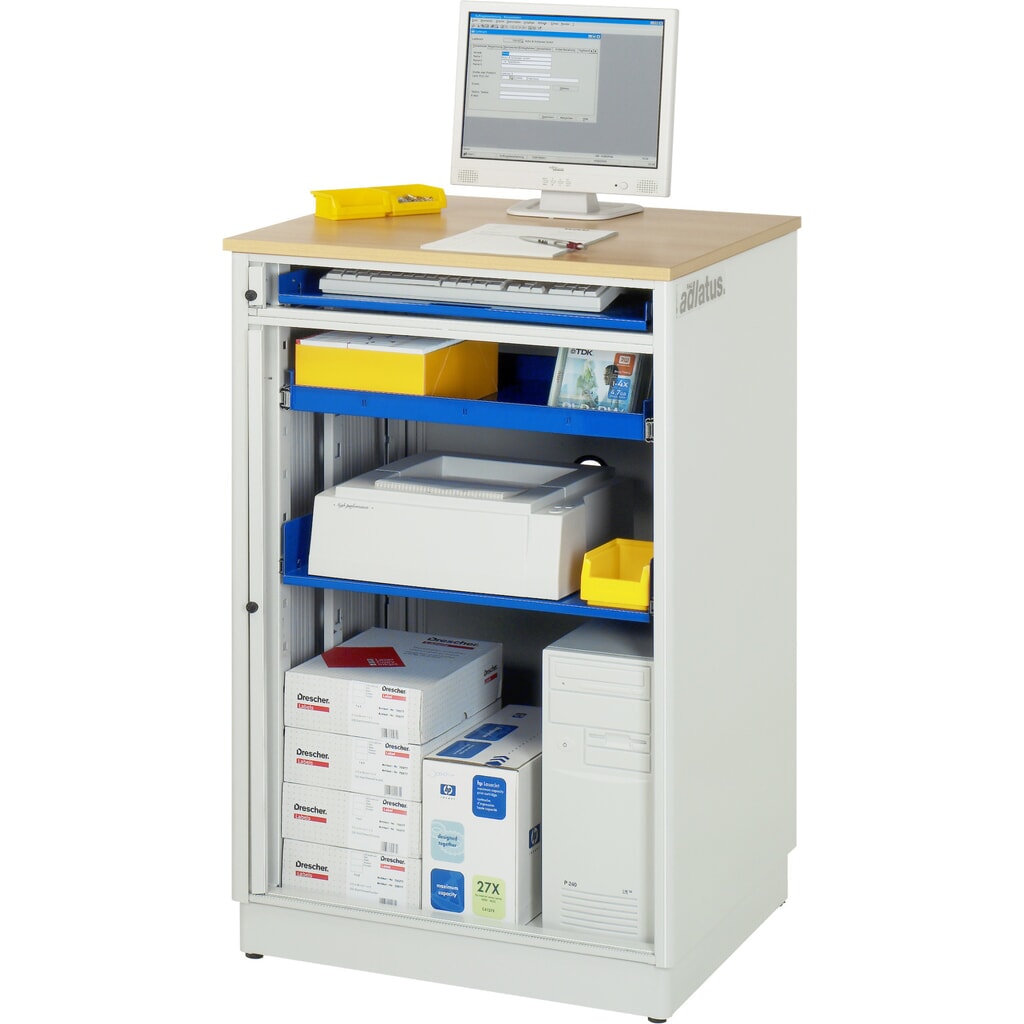 RAU Computer-Stationen, HxBxT 1.100 x 720 x 660 mm, Buche Dekor Arbeitsplatte, mit Rolladen, Steckdosenleiste Produktabbildung Nr. 2: RAU Computer-Stationen, HxBxT 1.100 x 720 x 660 mm, Buche Dekor Arbeitsplatte, mit Rolladen, Steckdosenleiste