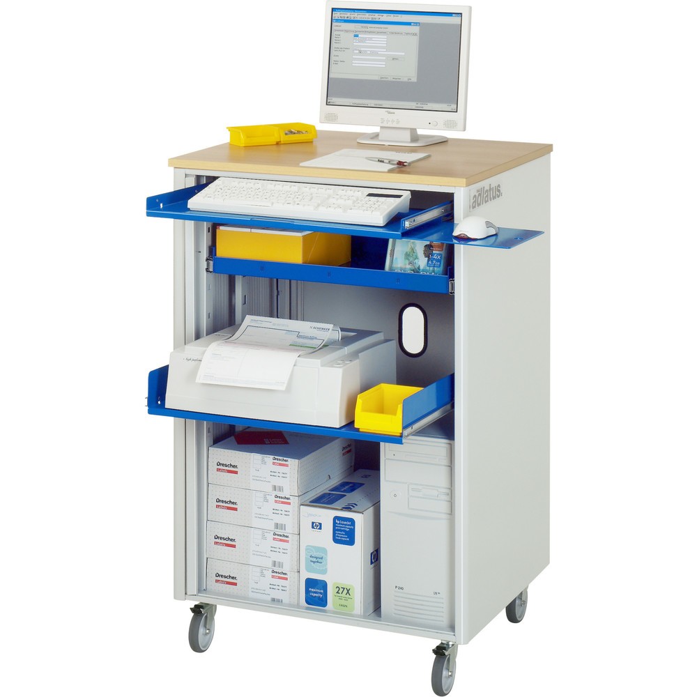 Produktabbildung: RAU Computer-Stationen, HxBxT 1.100 x 720 x 660 mm, Buche Dekor Arbeitsplatte, mit Rolladen, Steckdosenleiste und Rollensatz