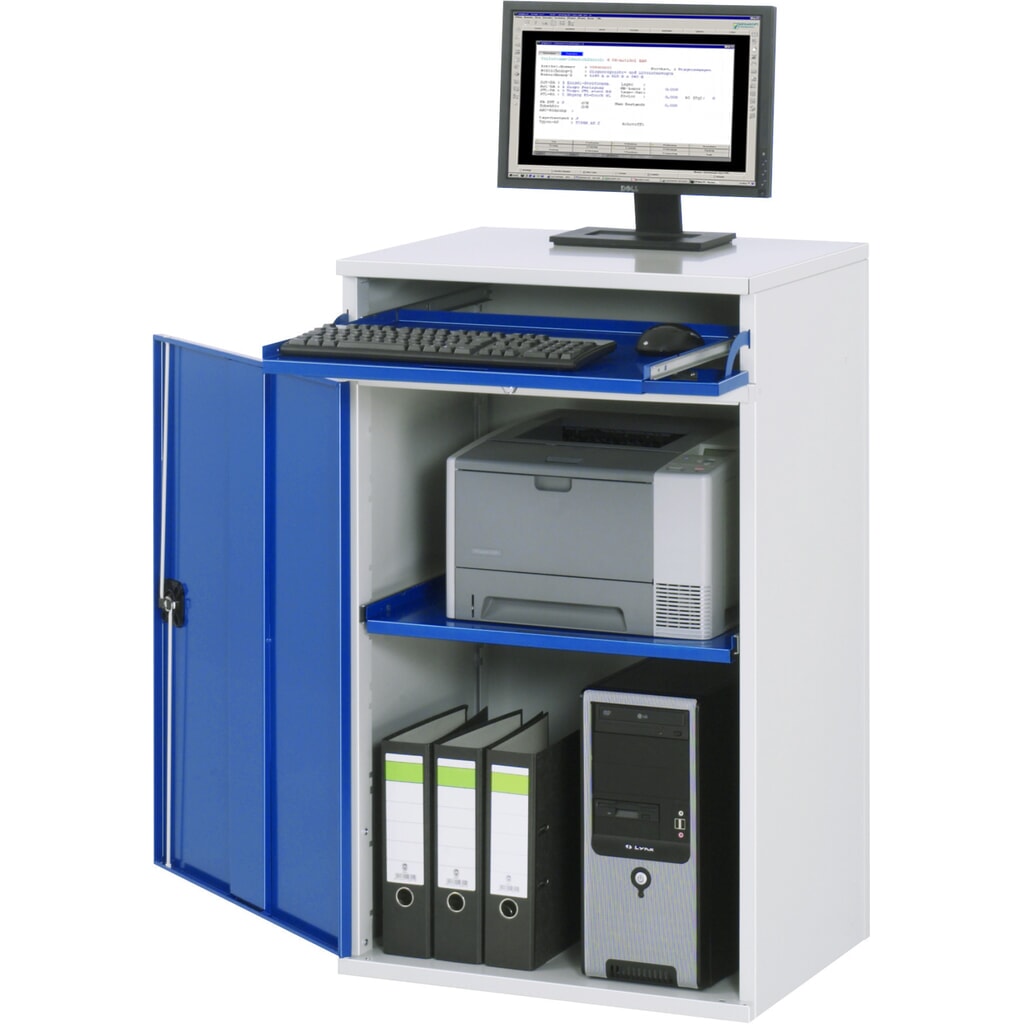 RAU Computer-Schrank, HxBxT 1.060 x 650 x 520 mm, mit 1 Flügeltür und Tastaturauszug Produktabbildung: RAU Computer-Schrank, HxBxT 1.060 x 650 x 520 mm, mit 1 Flügeltür und Tastaturauszug