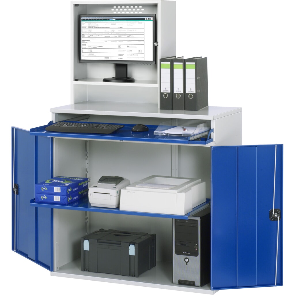 RAU Computer-Schrank, Monitorgehäuse, Tastaturauszug, Doppel-Flügeltür, Monitorfach Tiefe 230, 1 x Auszugstablar, stationär Produktabbildung: RAU Computer-Schrank, Monitorgehäuse, Tastaturauszug, Doppel-Flügeltür, Monitorfach Tiefe 230, 1 x Auszugstablar, stationär