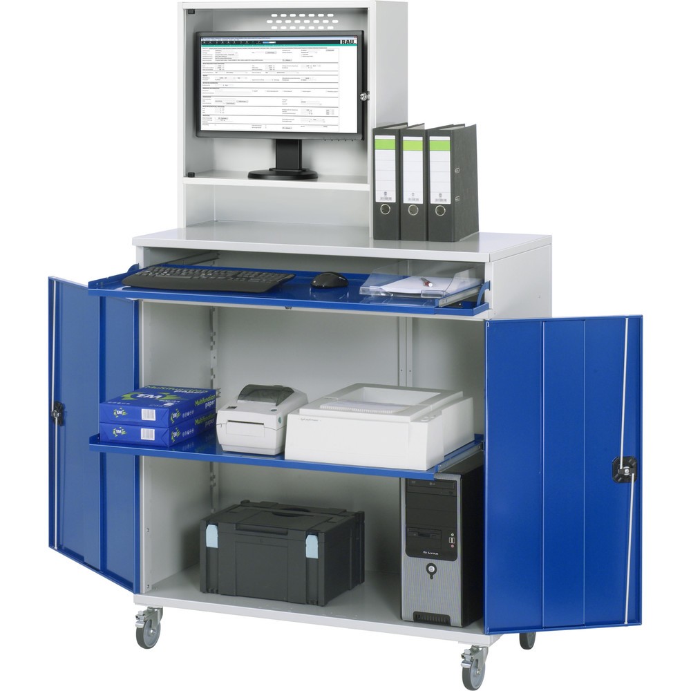 Produktabbildung Nr. 1: RAU Computer-Schrank, Monitorgehäuse, Tastaturauszug, Doppel-Flügeltür, Monitorfach Tiefe 230, 1 x Auszugstablar, mobil
