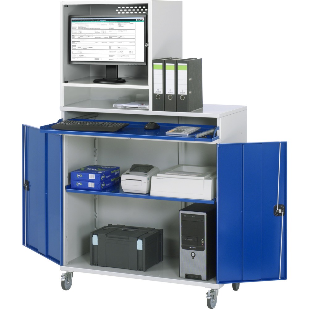 Produktabbildung: RAU Computer-Schrank, Monitorgehäuse, Tastaturauszug, Doppel-Flügeltür, Monitorfach Tiefe 500, 1 x Auszugstablar, mobil