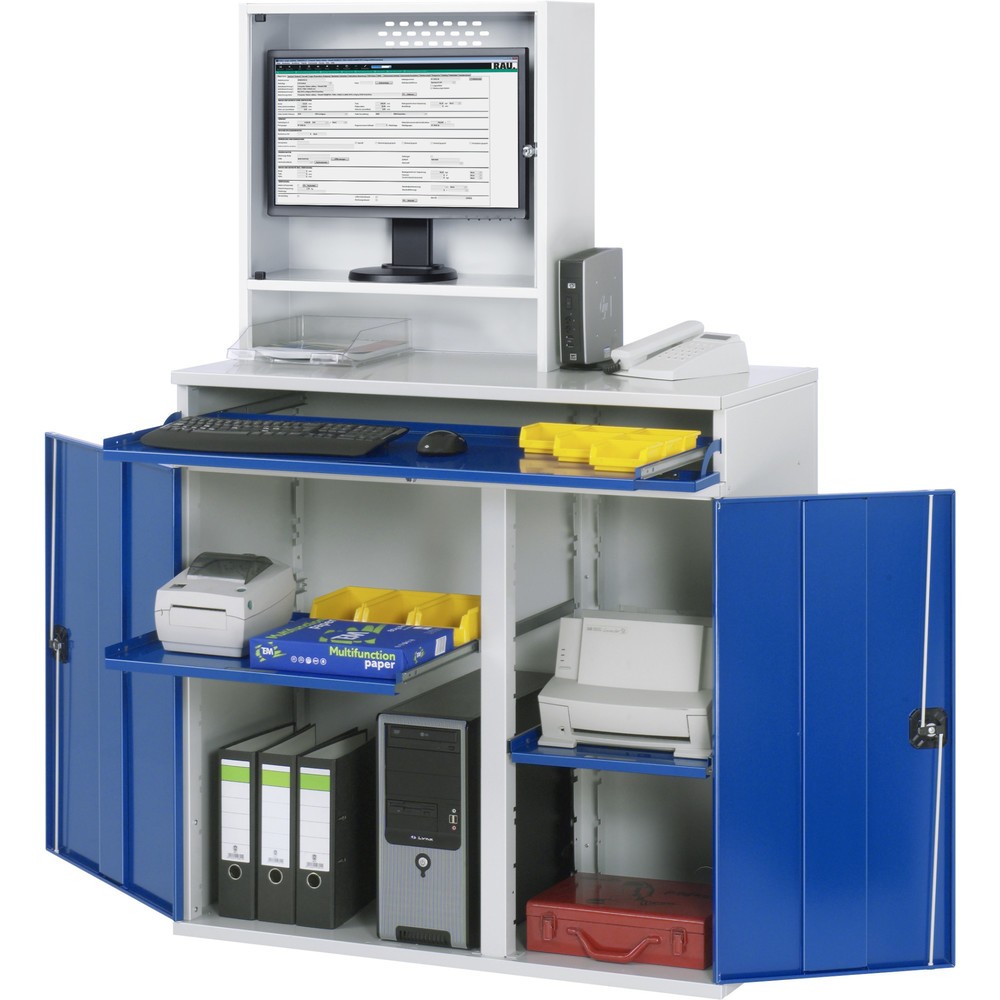 Produktabbildung: RAU Computer-Schrank, Monitorgehäuse, Tastaturauszug, Doppel-Flügeltür, Monitorfach Tiefe 230, 2 x Auszugstablar, stationär