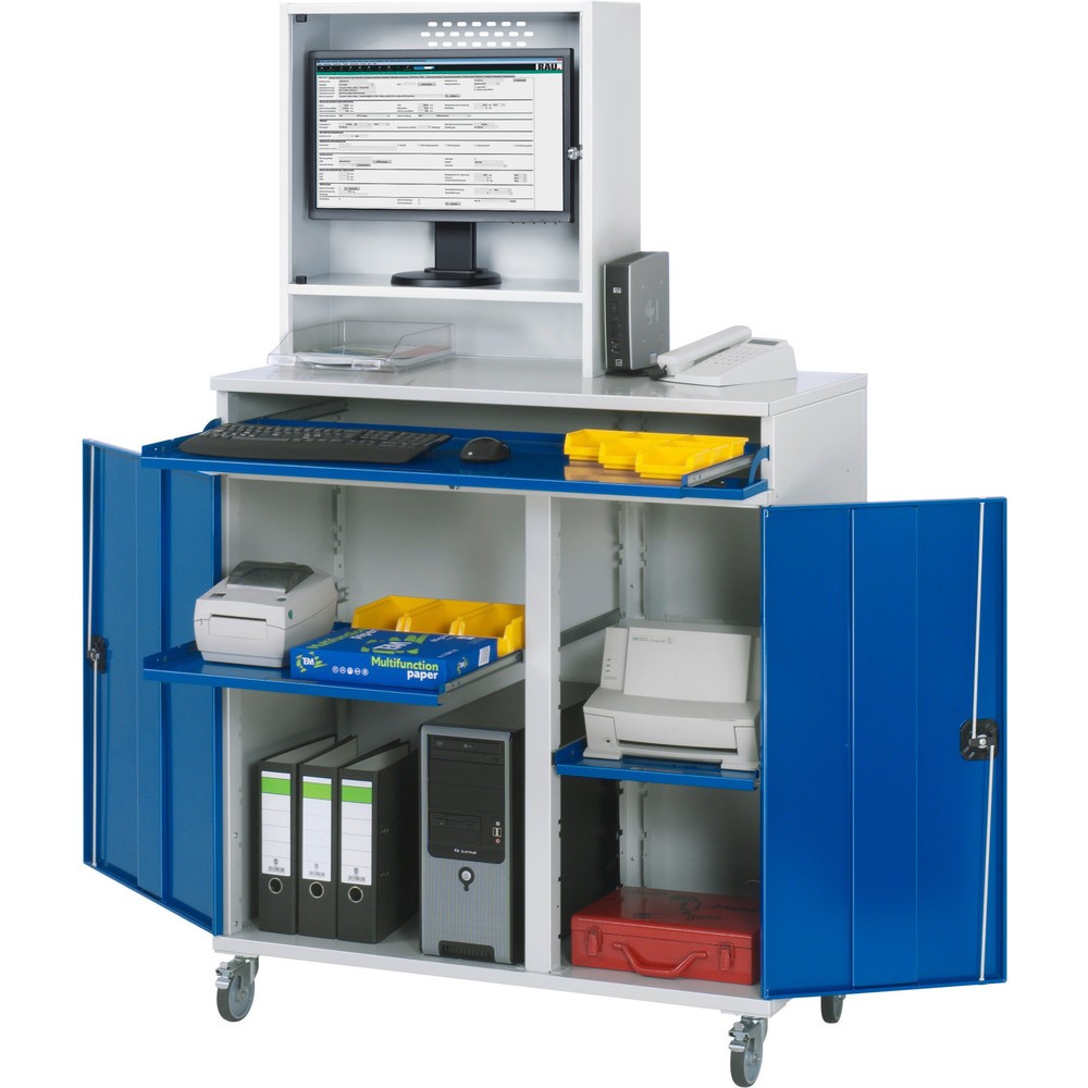 Produktabbildung: RAU Computer-Schrank, Monitorgehäuse, Tastaturauszug, Doppel-Flügeltür, Monitorfach Tiefe 230, 2 x Auszugstablar, mobil
