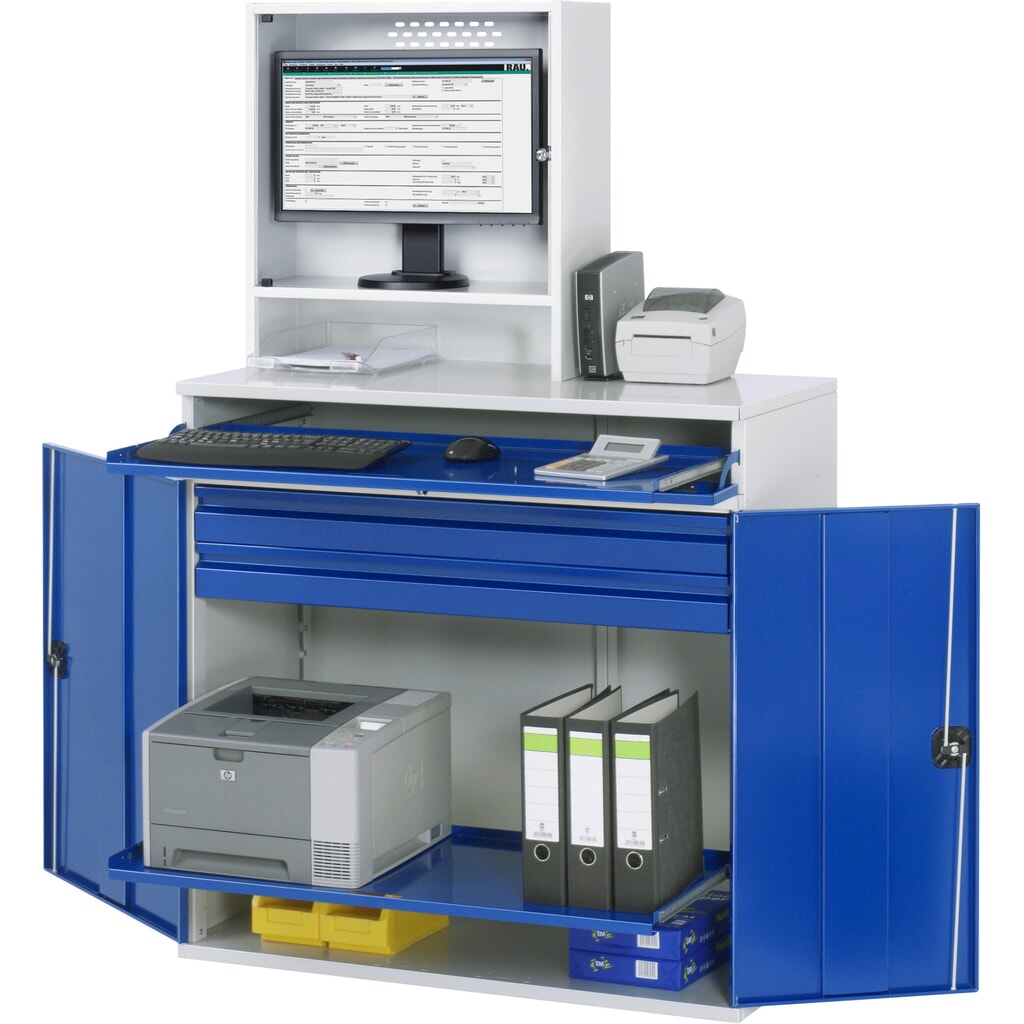 RAU Computer-Schrank, Monitorgehäuse, Tastaturauszug, Doppel-Flügeltür, Schubladenanzahl x H x B: 2 x 80 x 1.020 mm Produktabbildung: RAU Computer-Schrank, Monitorgehäuse, Tastaturauszug, Doppel-Flügeltür, Schubladenanzahl x H x B: 2 x 80 x 1.020 mm