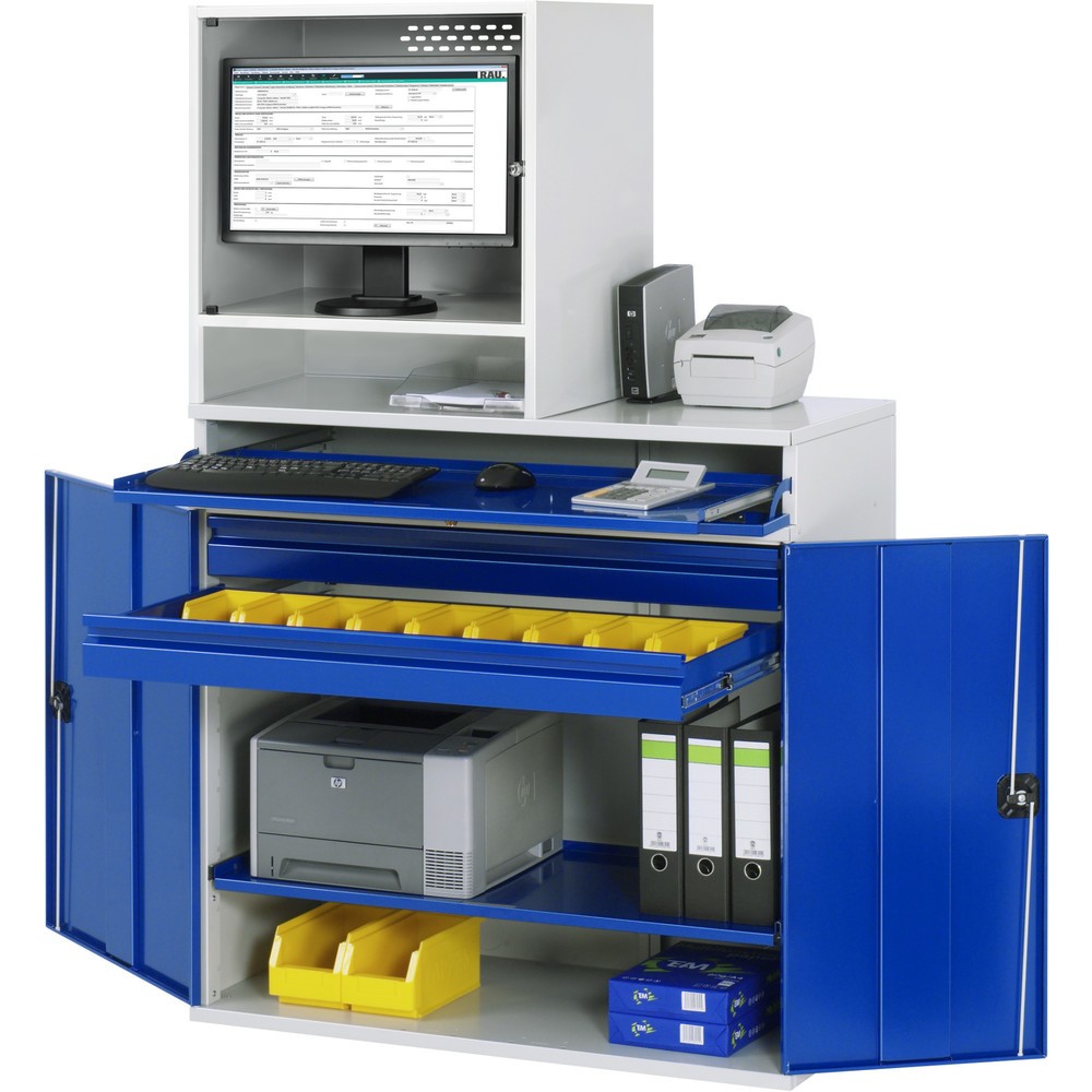 Produktabbildung: RAU Computer-Schrank, Monitorgehäuse, Tastaturauszug, Doppel-Flügeltür, Schubladenanzahl x H x B: 2 x 80 x 1.020 mm
