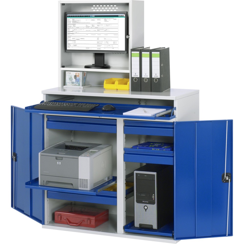 Produktabbildung: RAU Computer-Schrank, Monitorgehäuse, Tastaturauszug, Doppel-Flügeltür, Schubladenanzahl x H x B: 4 x 80 x 450-650 mm