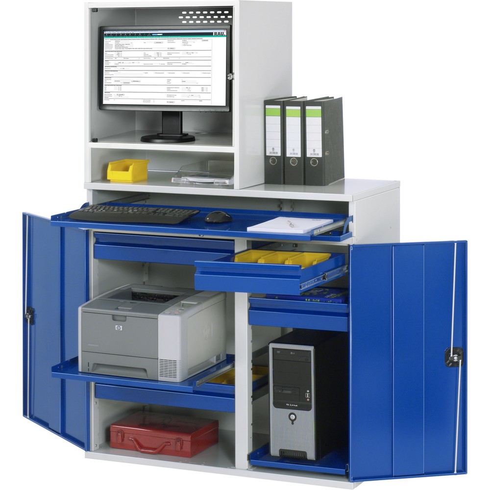 Produktabbildung: RAU Computer-Schrank, Monitorgehäuse, Tastaturauszug, Doppel-Flügeltür, Schubladenanzahl x H x B: 4 x 80 x 450-650 mm