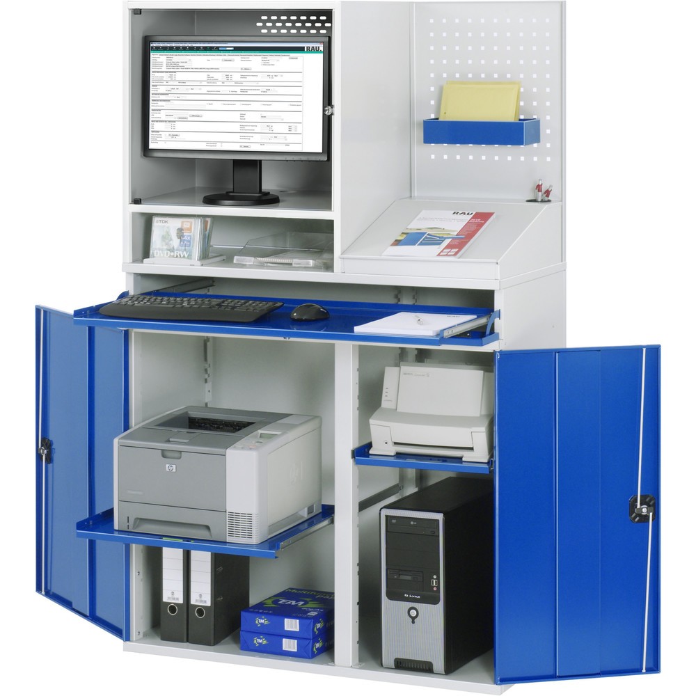 Produktabbildung: RAU Computer-Schrank, Monitorgehäuse, Tastaturauszug, Lochplattenrückwand, Doppel-Flügeltür, stationär