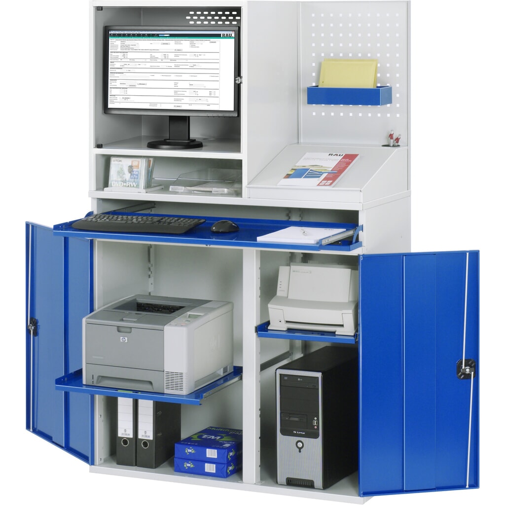Produktabbildung: RAU Computer-Schrank, Monitorgehäuse, Tastaturauszug, Lochplattenrückwand, Doppel-Flügeltür, stationär