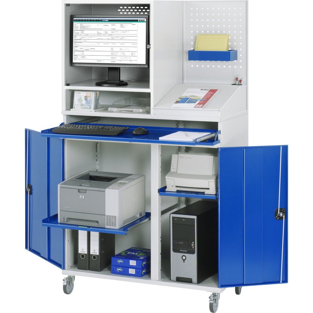 Produktabbildung Nr. 1: RAU Computer-Schrank, Monitorgehäuse, Tastaturauszug, Lochplattenrückwand, Doppel-Flügeltür, mobil