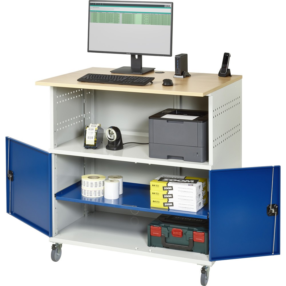 Produktabbildung: RAU Computer-Tisch, HxBxT 1.150 x 1.100 x 800 mm, Buche Dekor Arbeitsplatte, mit 2 Flügeltüren