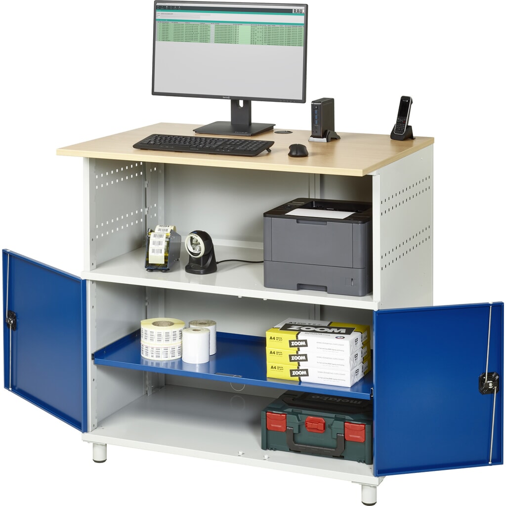 Produktabbildung: RAU Computer-Tisch, HxBxT 1.100 x 1.100 x 800 mm, Buche Dekor Arbeitsplatte, mit 2 Flügeltüren