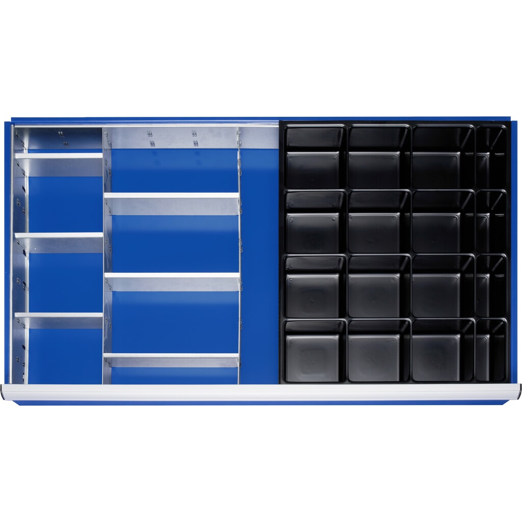 Produktabbildung: RAU Einteilungsset für Schublade, HxBxT 90 x 1.055 x 560 mm, mit 4-tlg. Rasterleisten-Set und 3 Trennwände, Größe XXL für Fronthöhe 120-360 mm