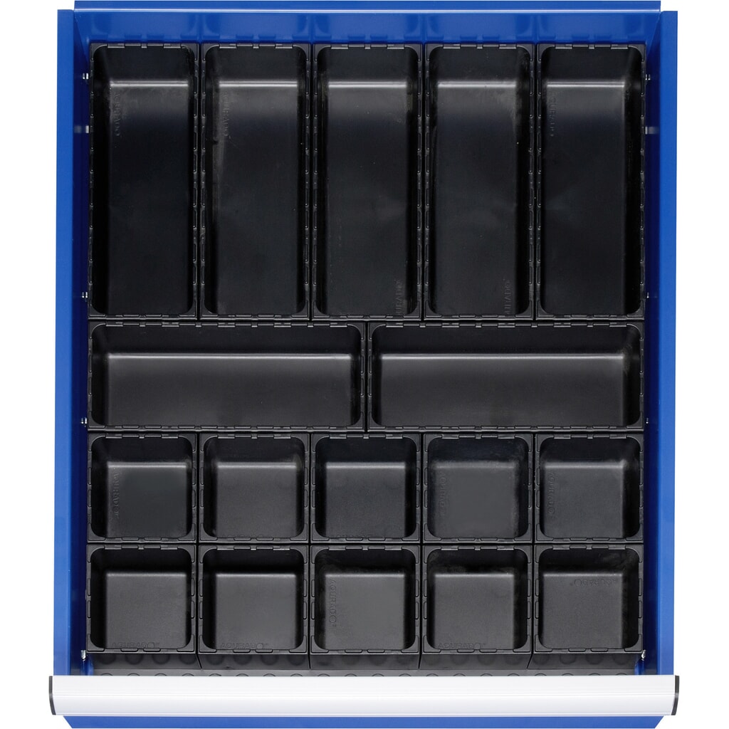 Produktabbildung: RAU Einteilungsset für Schublade, HxBxT 48 x 490 x 560 mm, mit Bodenplatte und 10 Boxen, Größe L für Fronthöhe 60-360 mm