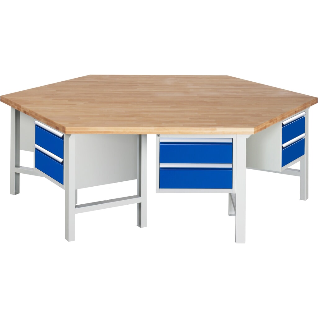 Produktabbildung: RAU Gruppenwerkbank Serie 4000, 6 Container, HxBxT 790-1.140 x 2.700 x 2.340 mm, 12 x 90%-Auszug-Schubladen mit ErgoScript®