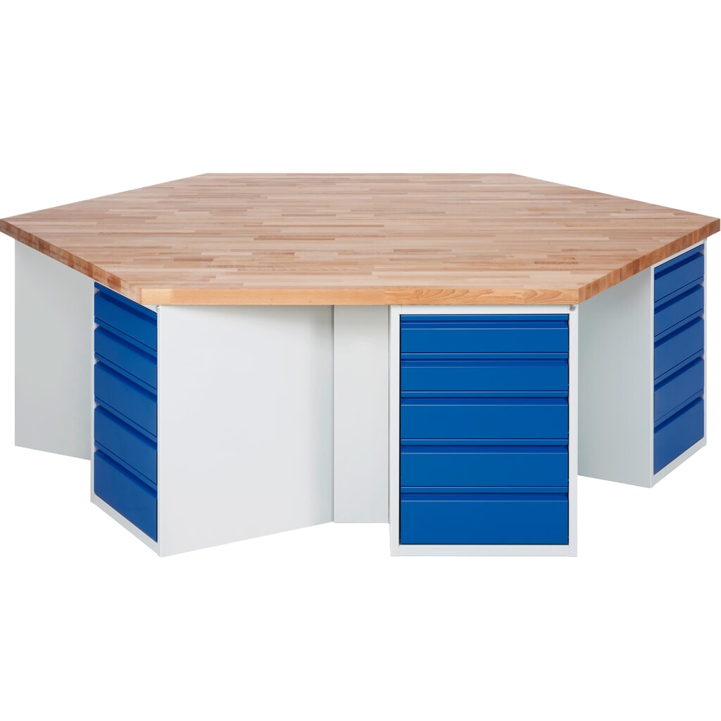 Produktabbildung: RAU Gruppenwerkbank Serie 4000, 6 Container, HxBxT 840 x 2.700 x 2.340 mm, 30 x 90%-Auszug-Schubladen 12 x 120 mm, 12 x 150 mm, 6 x 180 mm