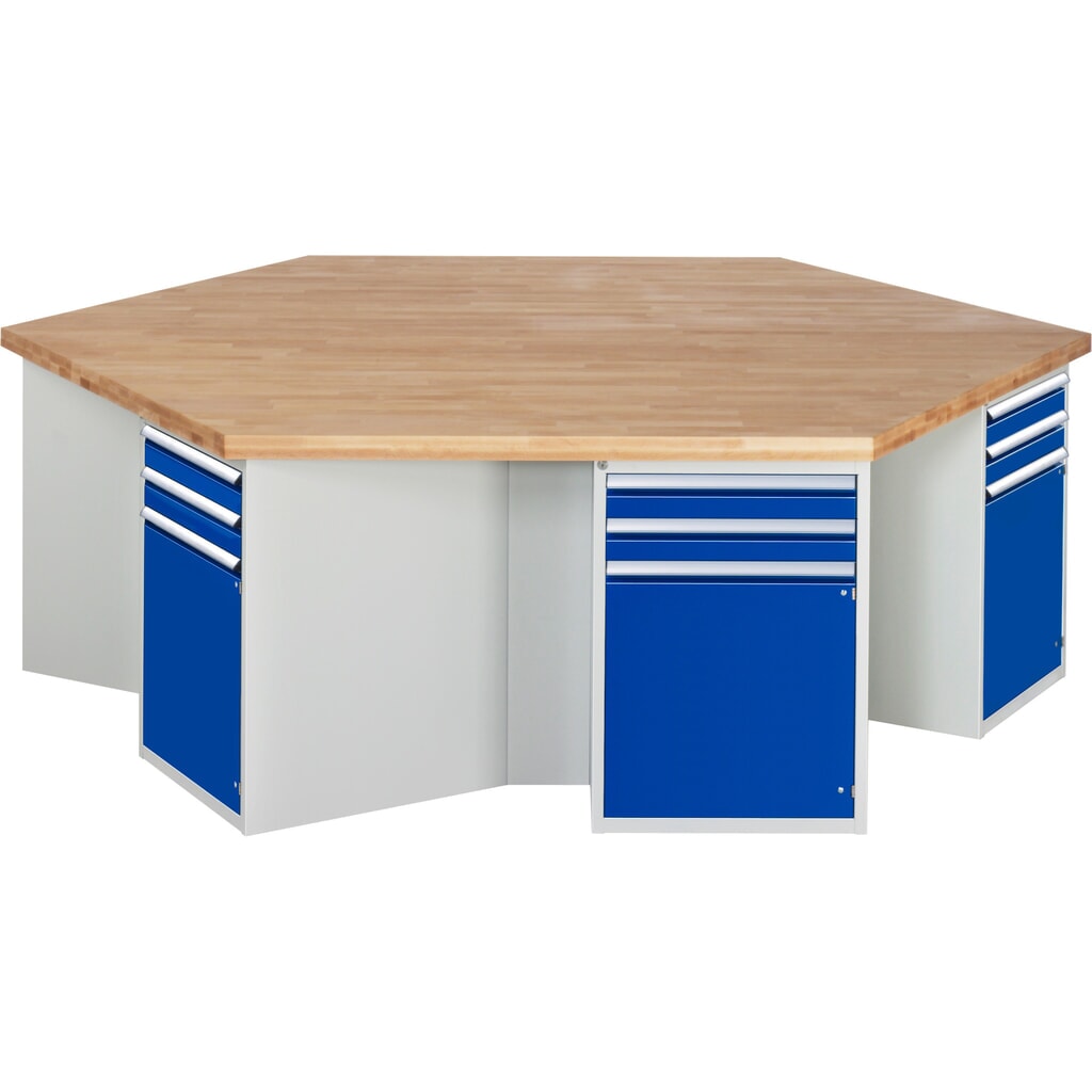 Produktabbildung: RAU Gruppenwerkbank Serie 4000, 6 Container, Sockel, HxBxT 890 x 2.700 x 2.340 mm, 6 Flügeltüren, 12 x 90%-Auszug-Schubladen
