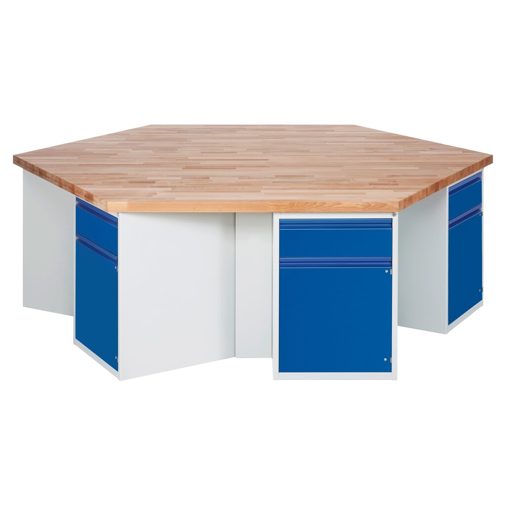 RAU Gruppenwerkbank Serie 4000, 6 Container, HxBxT 840 x 2.700 x 2.340 mm, 6 Flügeltüren, 6 x 90%-Auszug-Schubladen mit Griffkantung Produktabbildung: RAU Gruppenwerkbank Serie 4000, 6 Container, HxBxT 840 x 2.700 x 2.340 mm, 6 Flügeltüren, 6 x 90%-Auszug-Schubladen mit Griffkantung