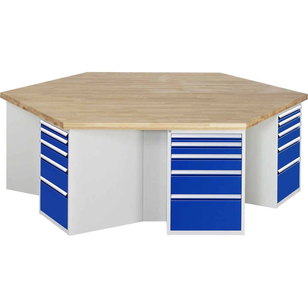 Produktabbildung: RAU Gruppenwerkbank Serie 4000, 6 Container, Sockel, HxBxT 890 x 2.700 x 2.340 mm, 30 x 90%-Auszug-Schubladen