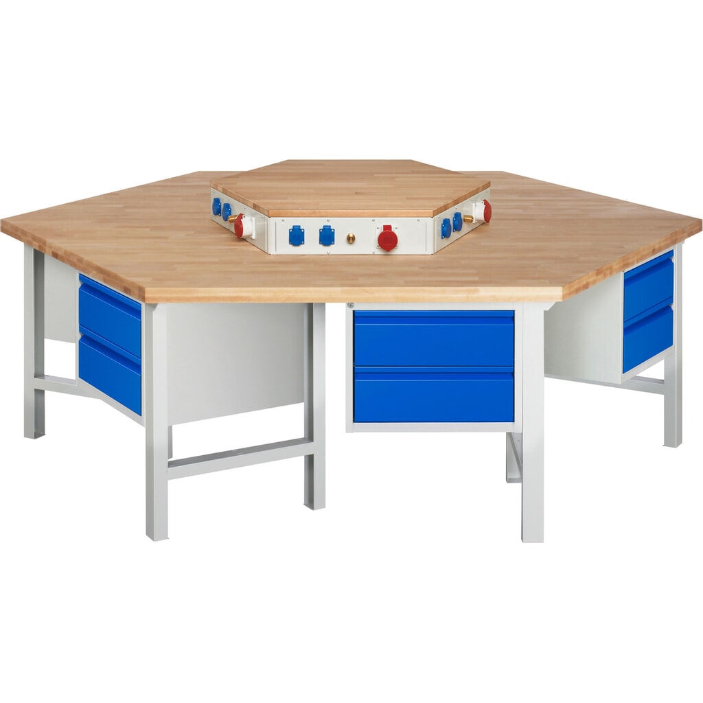 RAU Gruppenwerkbank Serie 4000, Energieaufsatz, 6 Container, HxBxT 840 x 2.700 x 2.340 mm, 12 x 90%-Auszug-Schubladen mit Griffkantung Produktabbildung: RAU Gruppenwerkbank Serie 4000, Energieaufsatz, 6 Container, HxBxT 840 x 2.700 x 2.340 mm, 12 x 90%-Auszug-Schubladen mit Griffkantung