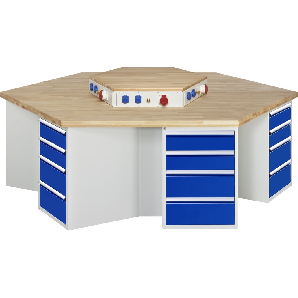 Produktabbildung: RAU Gruppenwerkbank Serie 4000, Energieaufsatz, 6 Container, HxBxT 850 x 2.700 x 2.340 mm, 24 x 90%-Auszug-Schubladen mit ErgoScript® 12 x 150 mm, 12 x 210 mm