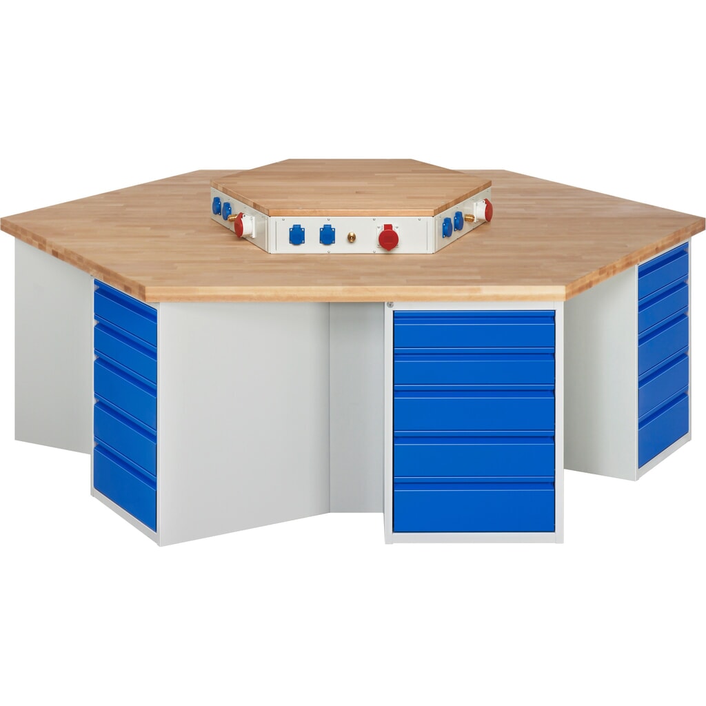 RAU Gruppenwerkbank Serie 4000, Energieaufsatz, 6 Container, HxBxT 840 x 2.700 x 2.340 mm, 30 x 90%-Auszug-Schubladen 12 x 120 mm, 12 x 150 mm, 6 x 180 mm Produktabbildung: RAU Gruppenwerkbank Serie 4000, Energieaufsatz, 6 Container, HxBxT 840 x 2.700 x 2.340 mm, 30 x 90%-Auszug-Schubladen 12 x 120 mm, 12 x 150 mm, 6 x 180 mm